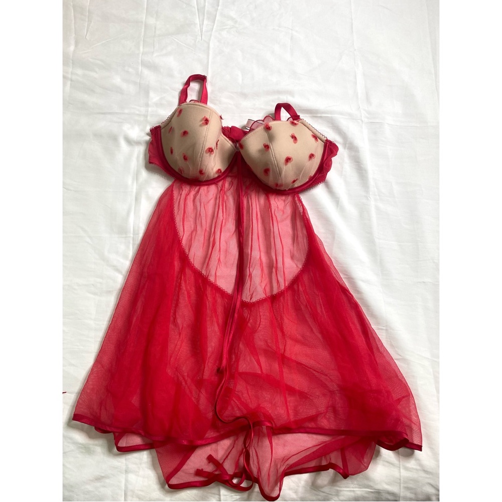 Victoria's Secret Red Sheer Babydoll with Nude Embroidered Cups